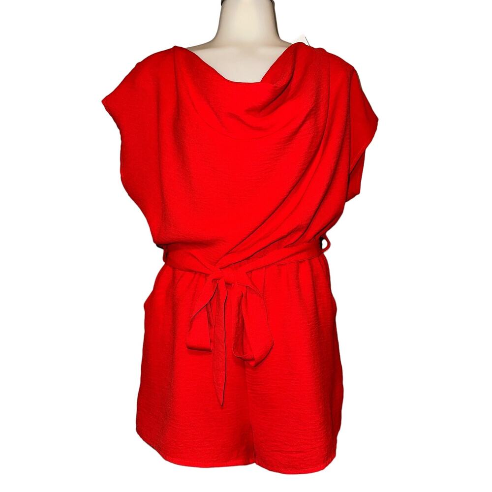 Fab’rik Women’s Size Small Ellisyn Short Sleeve Cowl Neck Romper Red Belted
